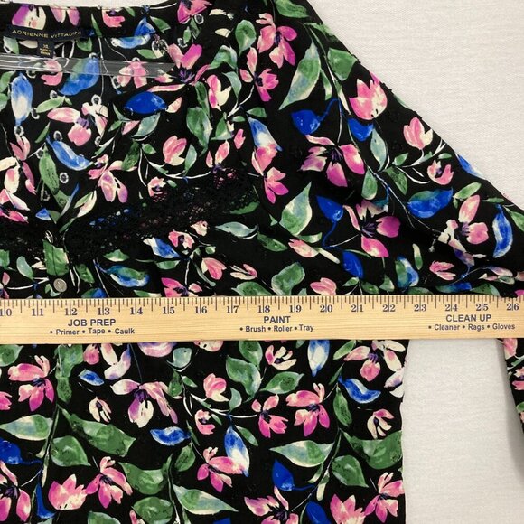 Adrienne Vittadini Black Multi Color Floral V Neck Lace Detail Popover Blouse XL - Picture 6 of 10